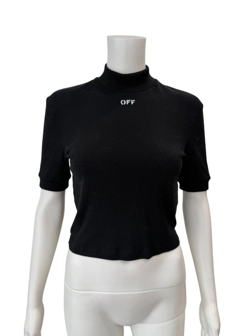 $340 OFF-WHITE Black Cropped Cotton Mock Neck T-Shirt size 42/6